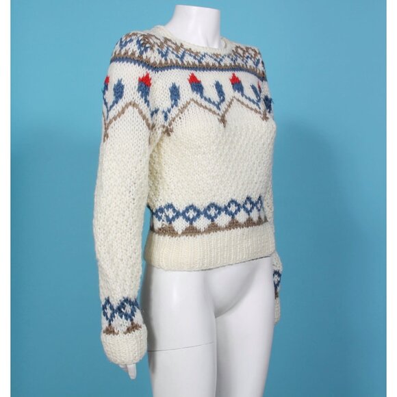 Vintage Midnight Blues Fair Isle Cozy Knit Sweater White Blue Womens size S - 11 - Picture 4 of 5